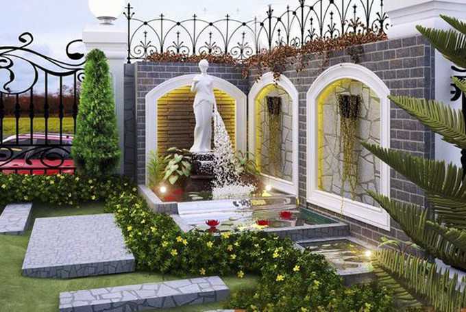 Mẫu tiểu cảnh kết hợp với tượng đài đá phun nước